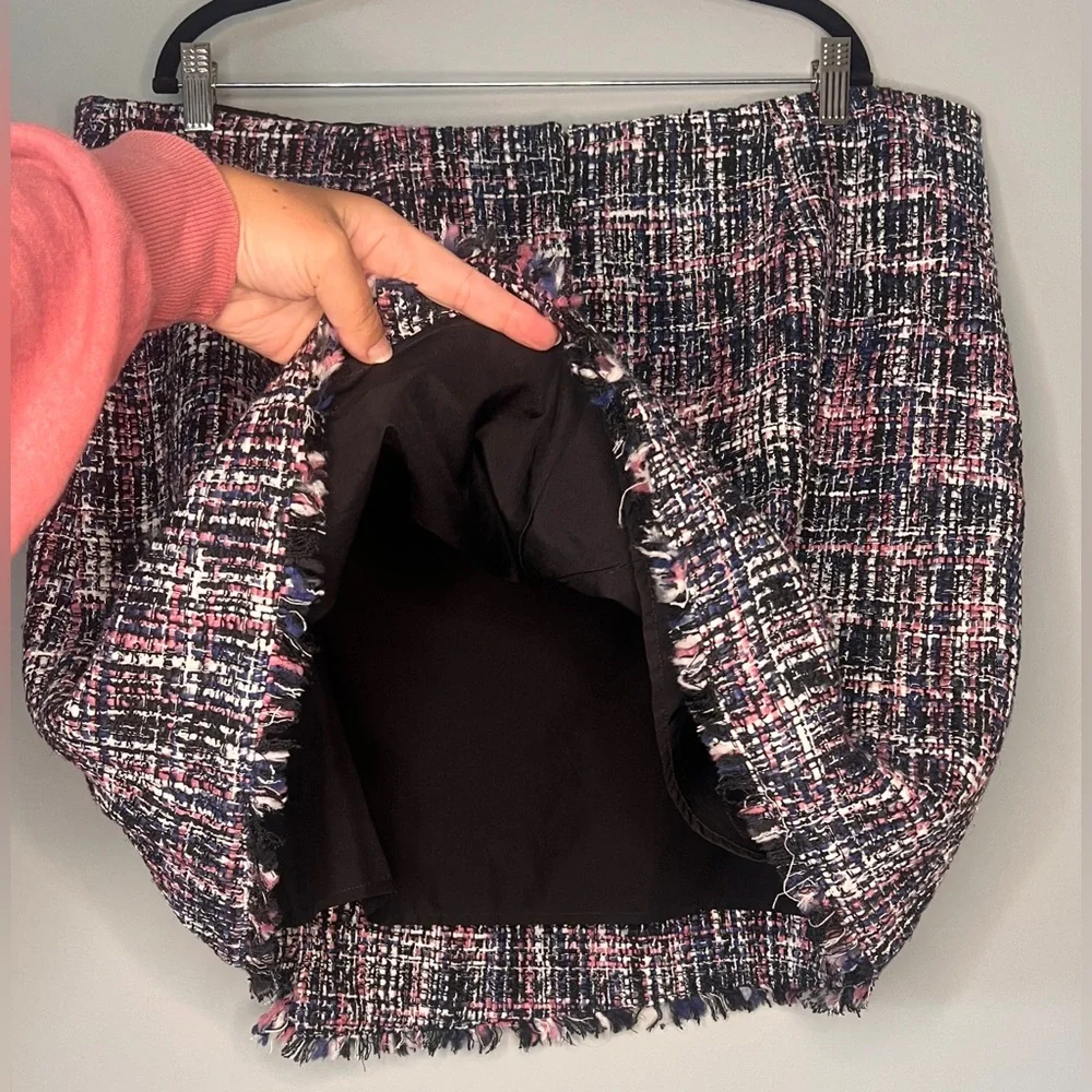 LOFT Tweed Faux-Wrap Tweed Mini‎ Skirt Black White Blue Pink Marled Size 18